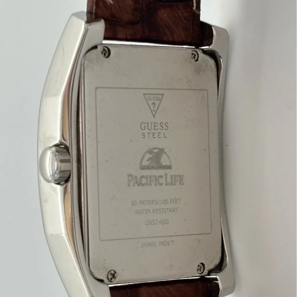 Guess Steel Casing w/Brown Leather Band Analog Watch-New Battery.